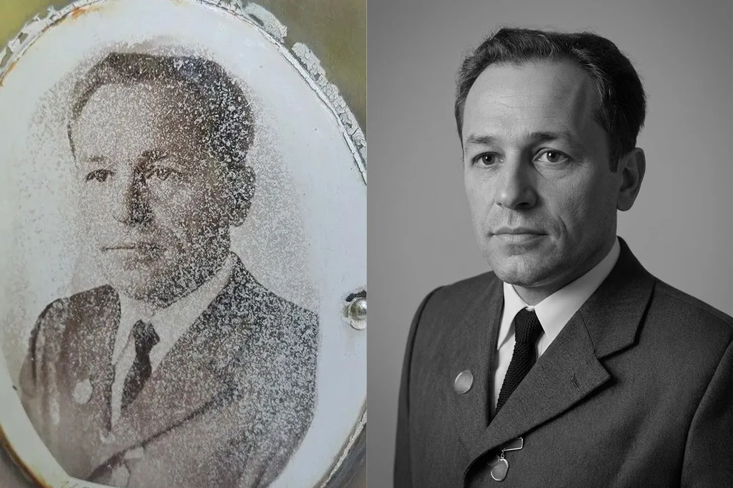 Ретушь и восстановление старого портрета для фото на памятник: черно-белый снимок мужчины до и после удаления зернистости и трещин