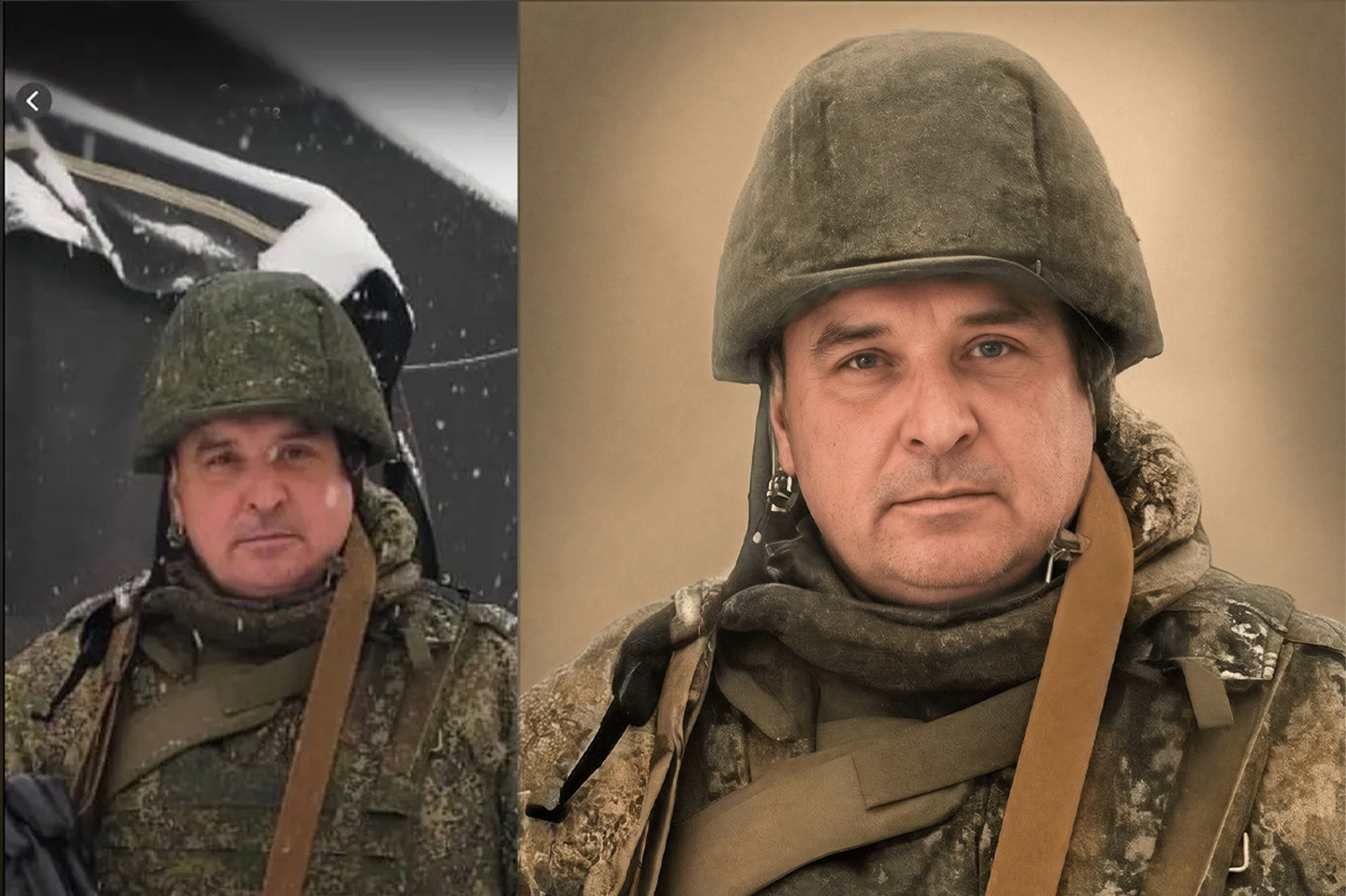 Улучшение качества и детализация размытого фото нейросетью: портрет военного в шлеме до и после повышения резкости