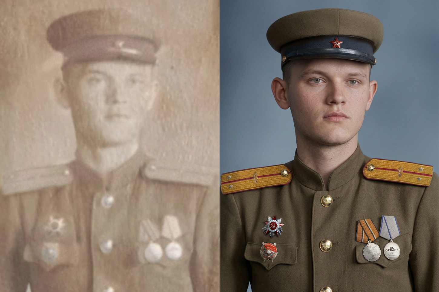 Историческая реставрация и цветная колоризация военного портрета: советский солдат с медалями и орденом до и после восстановления
