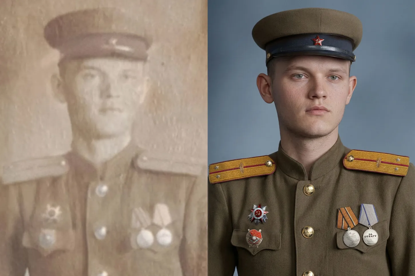 Историческая реставрация и цветная колоризация военного портрета: советский солдат с медалями и орденом до и после восстановления